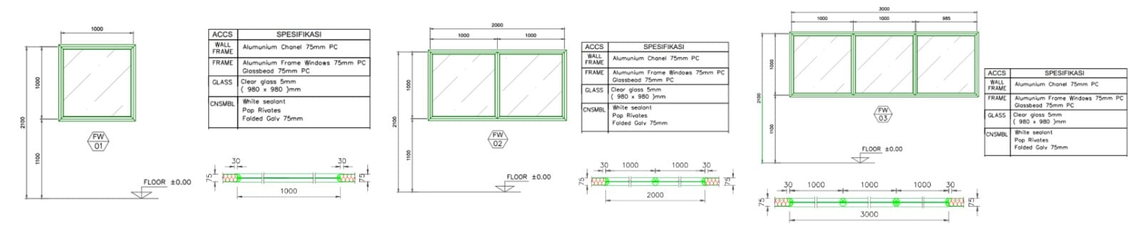 Gambar teknis jendela clean room MKP tipe 1, 2, dan 3 panel kaca beserta detail potongan kusen aluminium