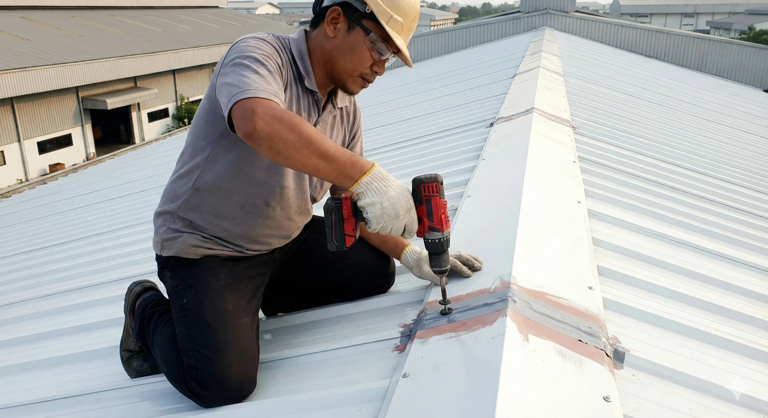 Teknisi Indonesia memasang atap sandwich panel dengan kemiringan dan overlap yang benar untuk mencegah bocor