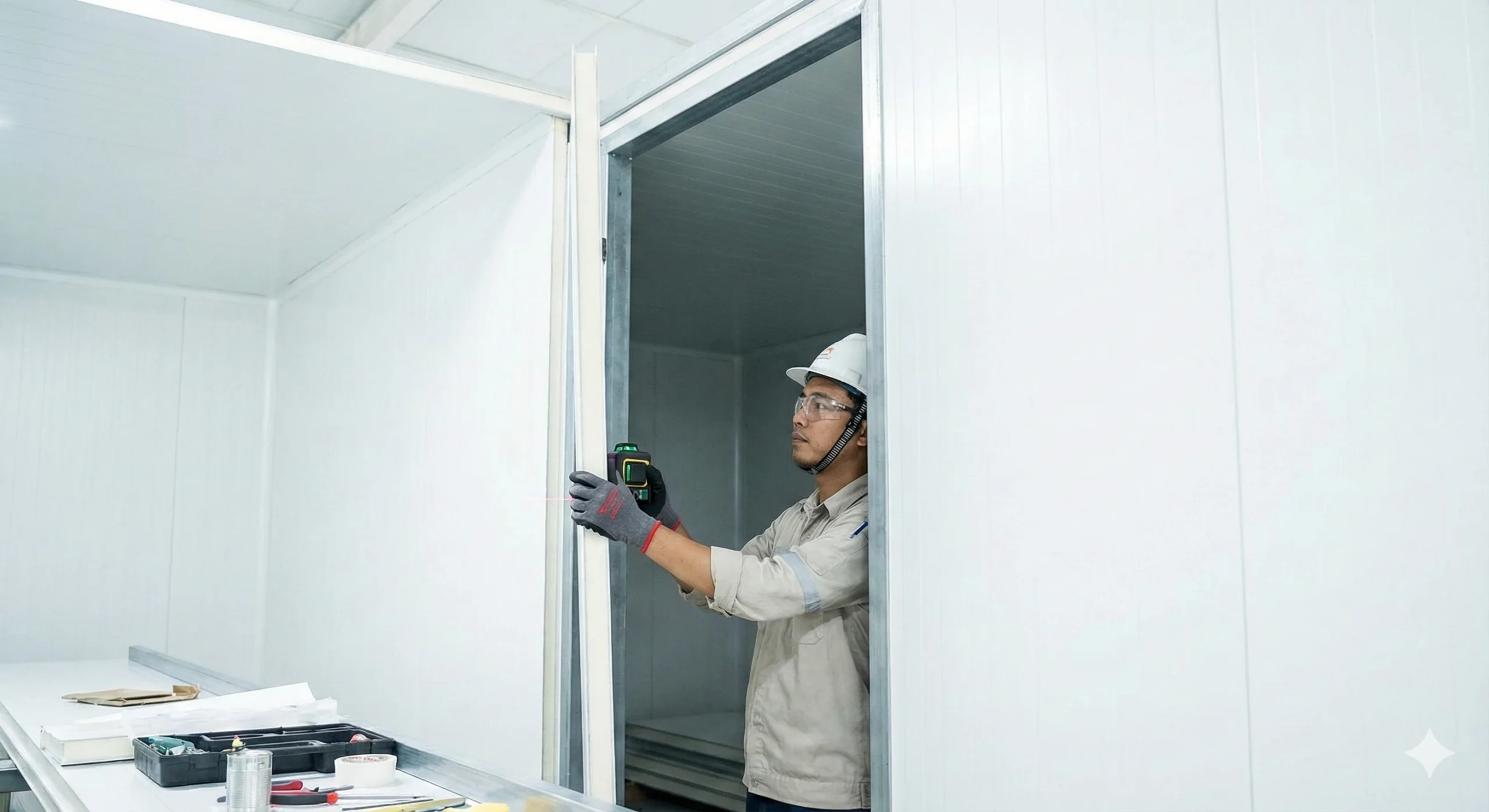 Teknisi Indonesia memasang cold storage menggunakan panel PU PIR dengan standar yang rapi