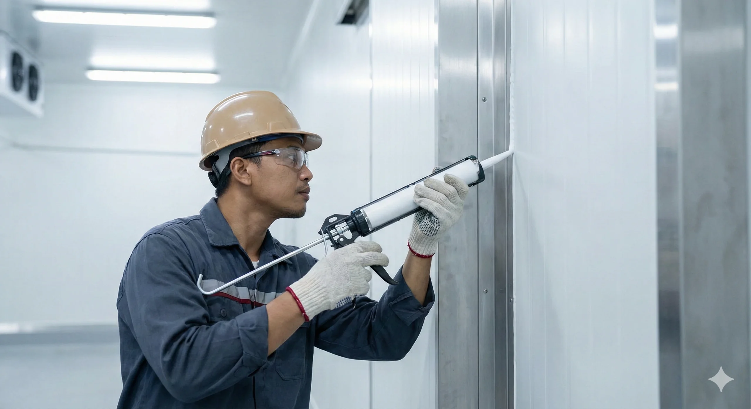 Teknisi Indonesia melakukan sealing thermal bridge di cold storage untuk mencegah kebocoran suhu