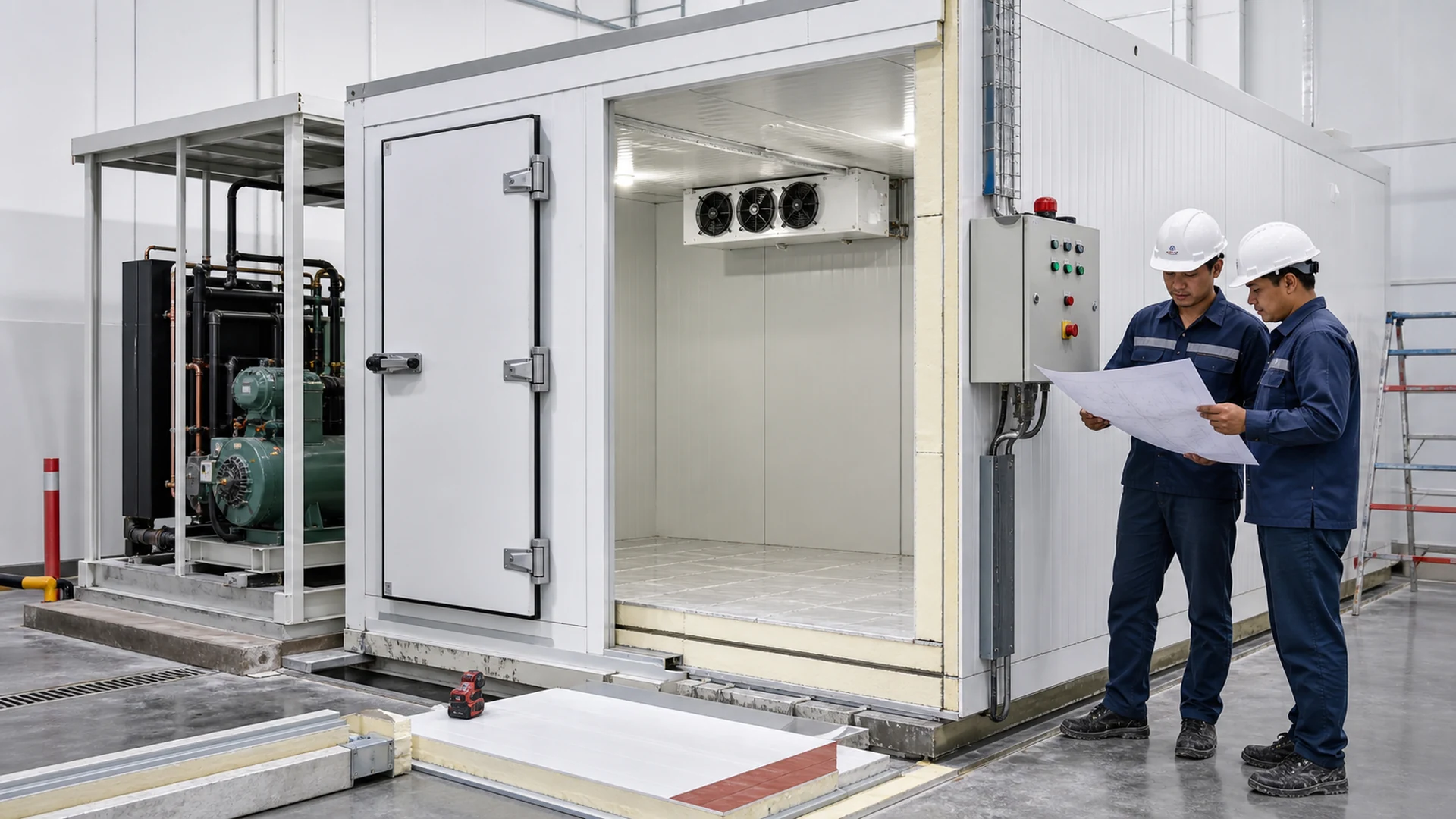 Teknisi meninjau desain cold storage dengan sandwich panel, refrigerasi, dan panel kontrol