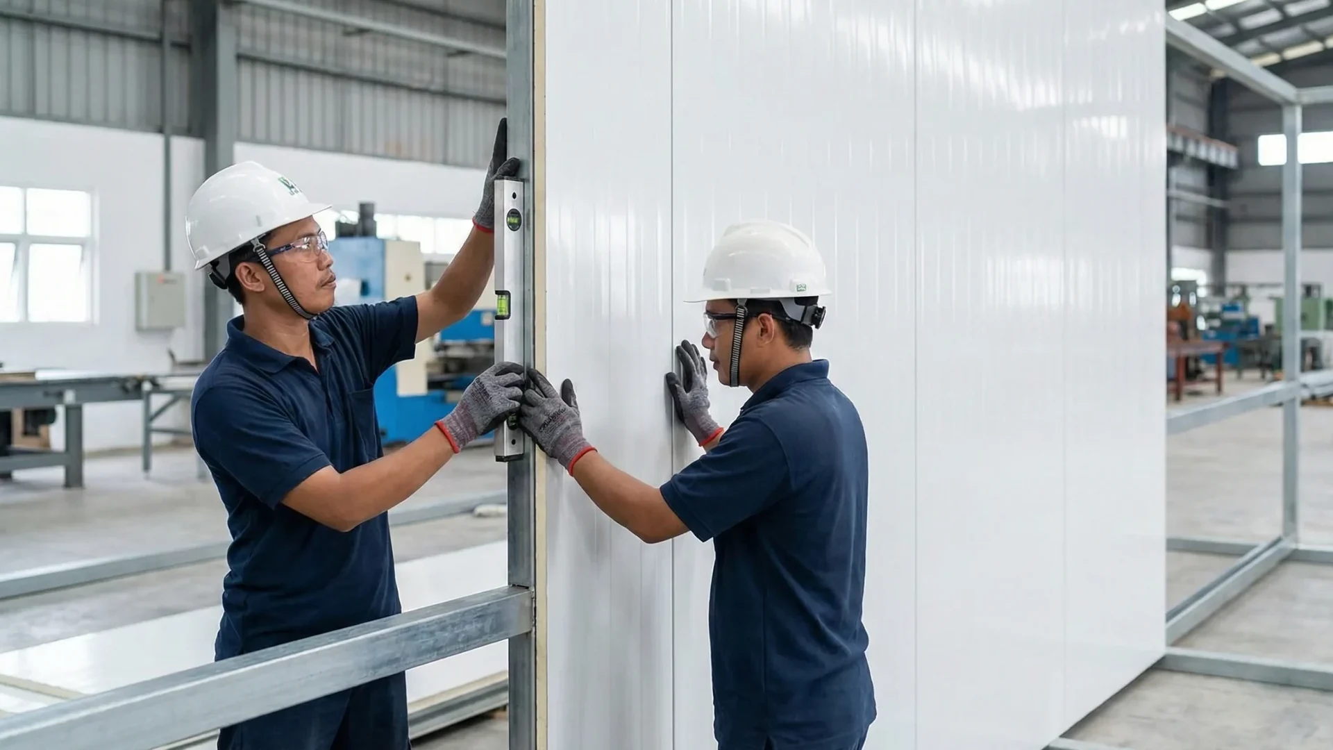 Teknisi memeriksa kelurusan saat pemasangan sandwich panel dinding