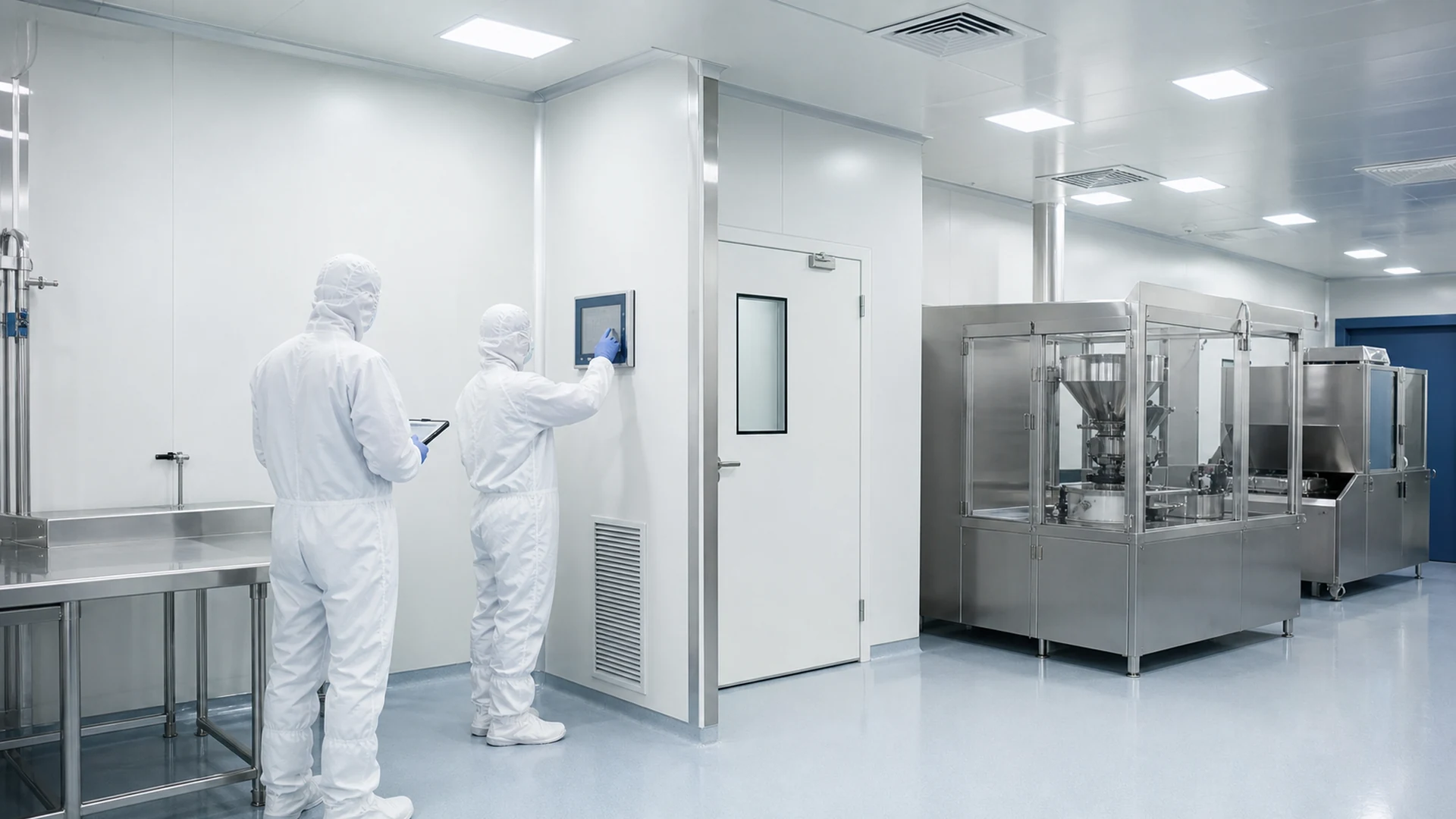 Teknisi memeriksa sistem kontrol di dalam clean room farmasi dengan dinding panel dan peralatan stainless steel