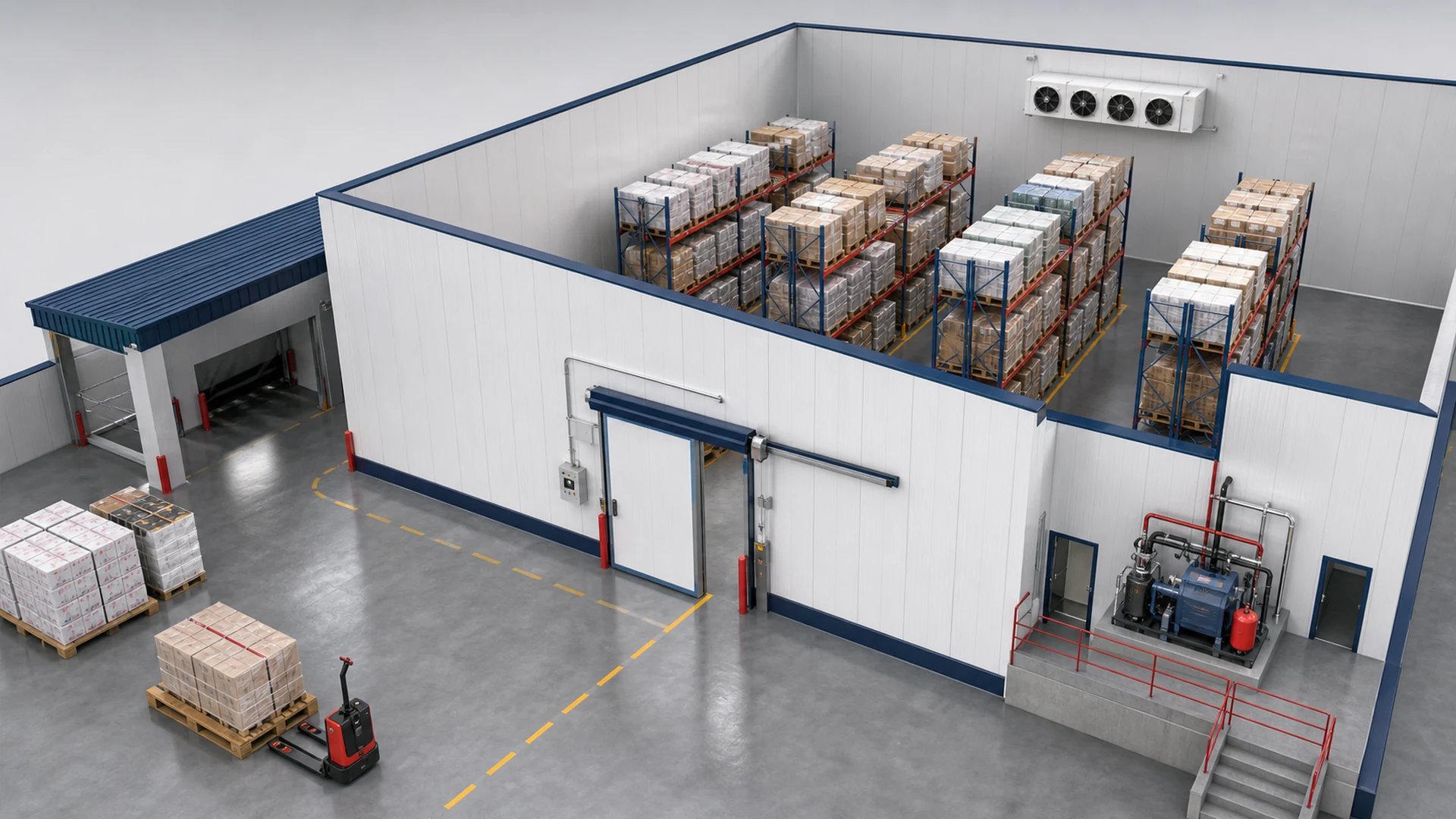 Visualisasi denah cold storage dengan rak palet, pintu, evaporator, dan area mesin