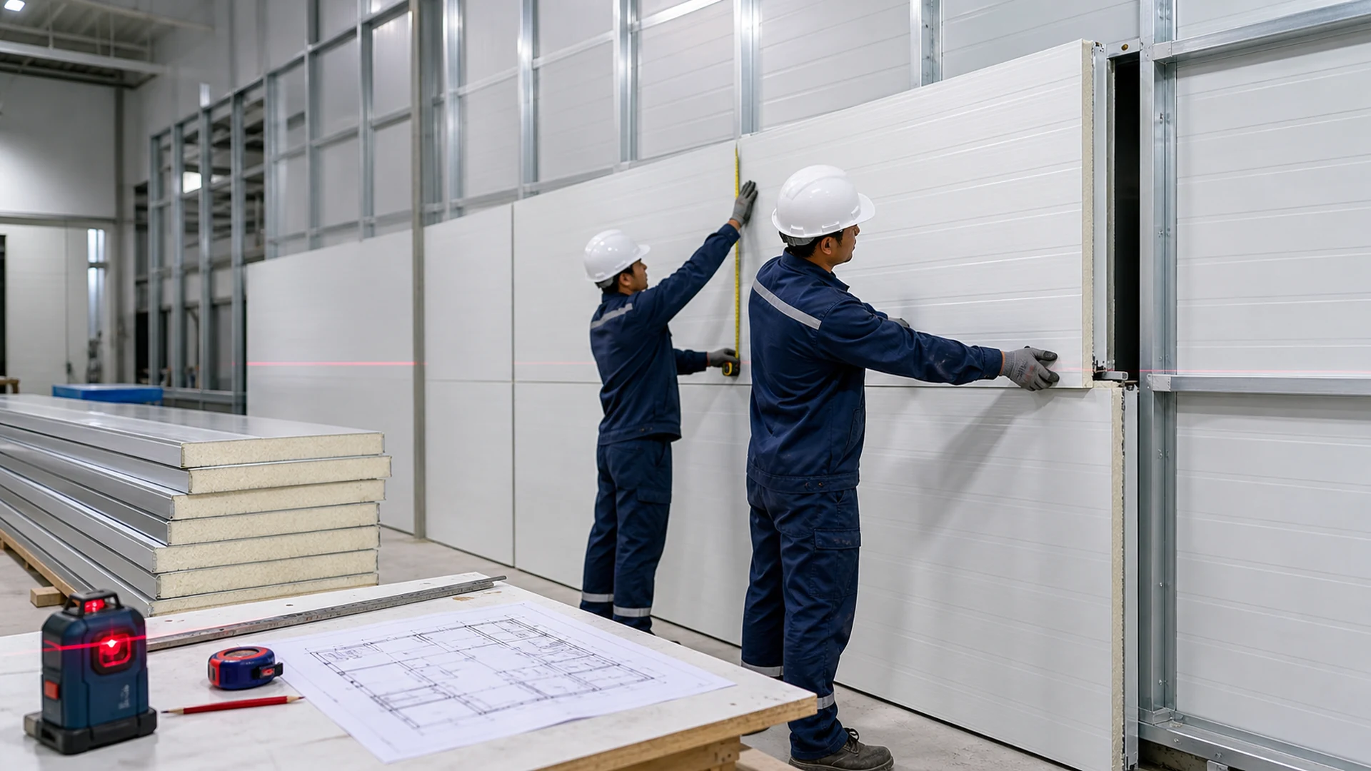 Teknisi memasang sandwich panel menggunakan pengukuran laser dan gambar kerja