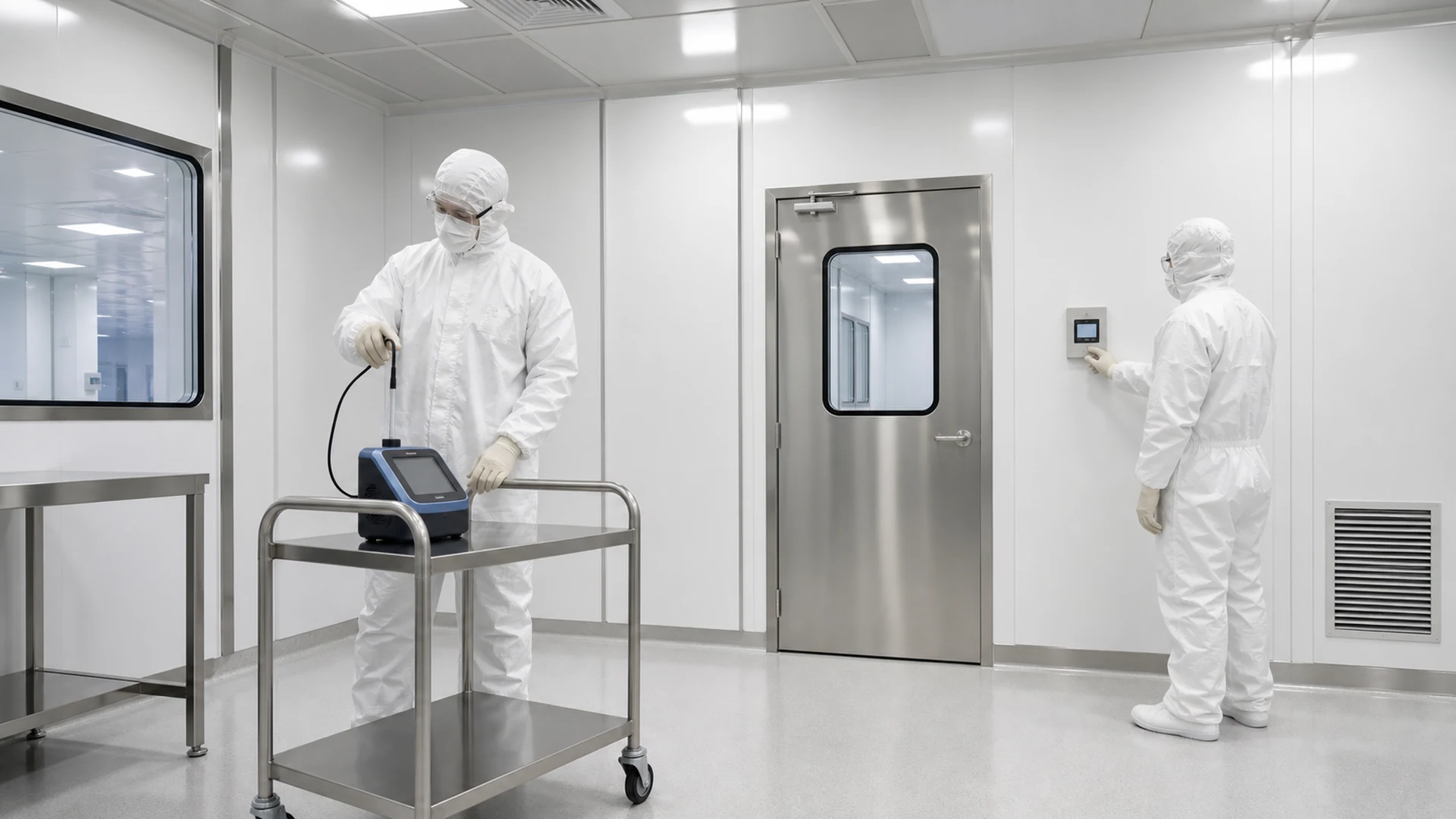 Teknisi melakukan pengukuran partikel dan memeriksa tekanan saat kualifikasi clean room
