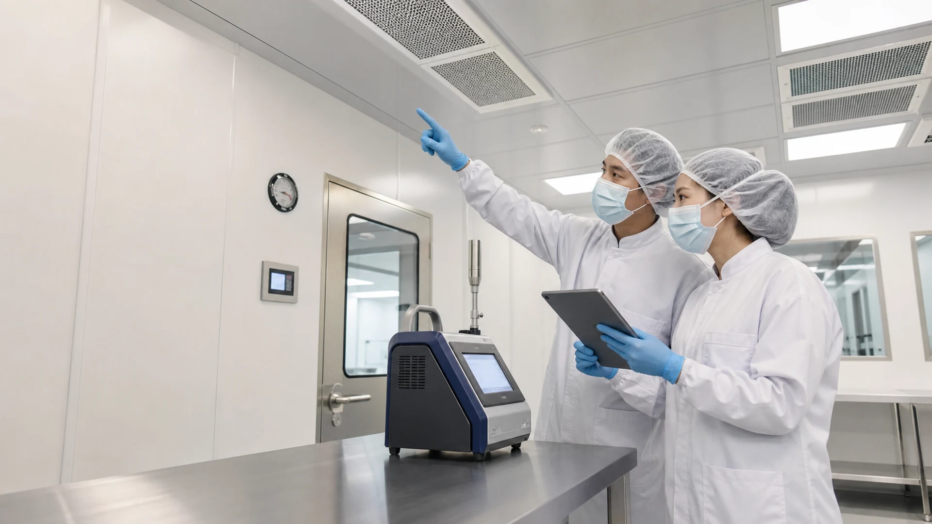 Tim teknis melakukan kualifikasi cleanroom dengan particle counter dan checklist