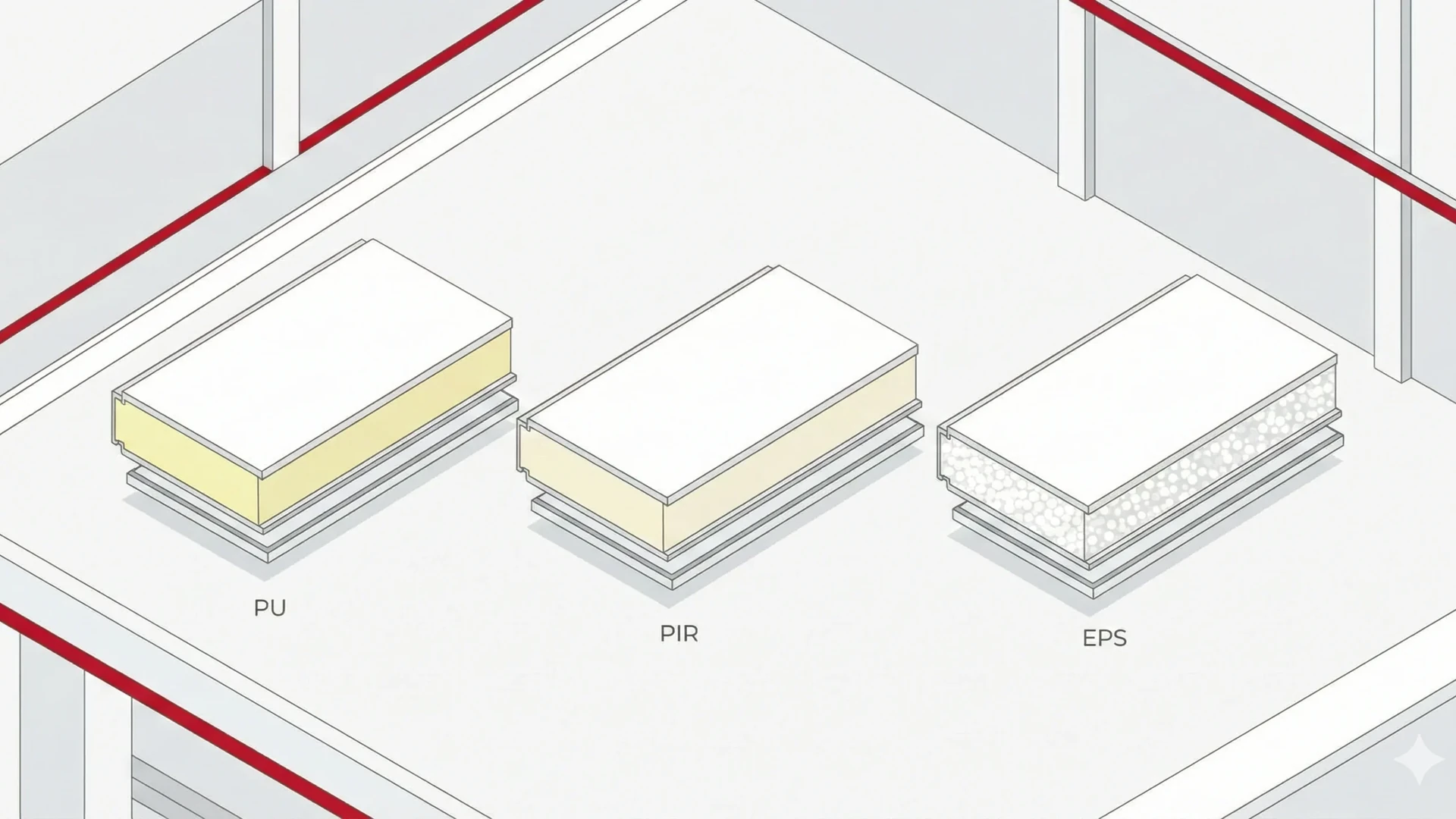 Ilustrasi perbandingan struktur sandwich panel PU, PIR, dan EPS