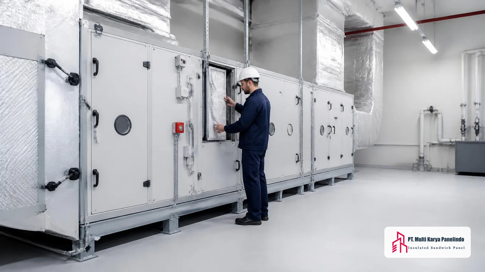 Unit AHU clean room di ruang mekanikal dengan ducting berinsulasi dan teknisi melakukan pemeriksaan