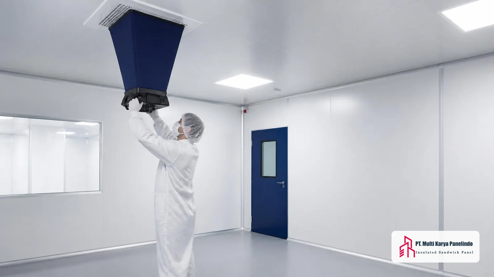 Teknisi mengukur debit udara filter HEPA dengan balometer untuk menghitung air change per hour clean room