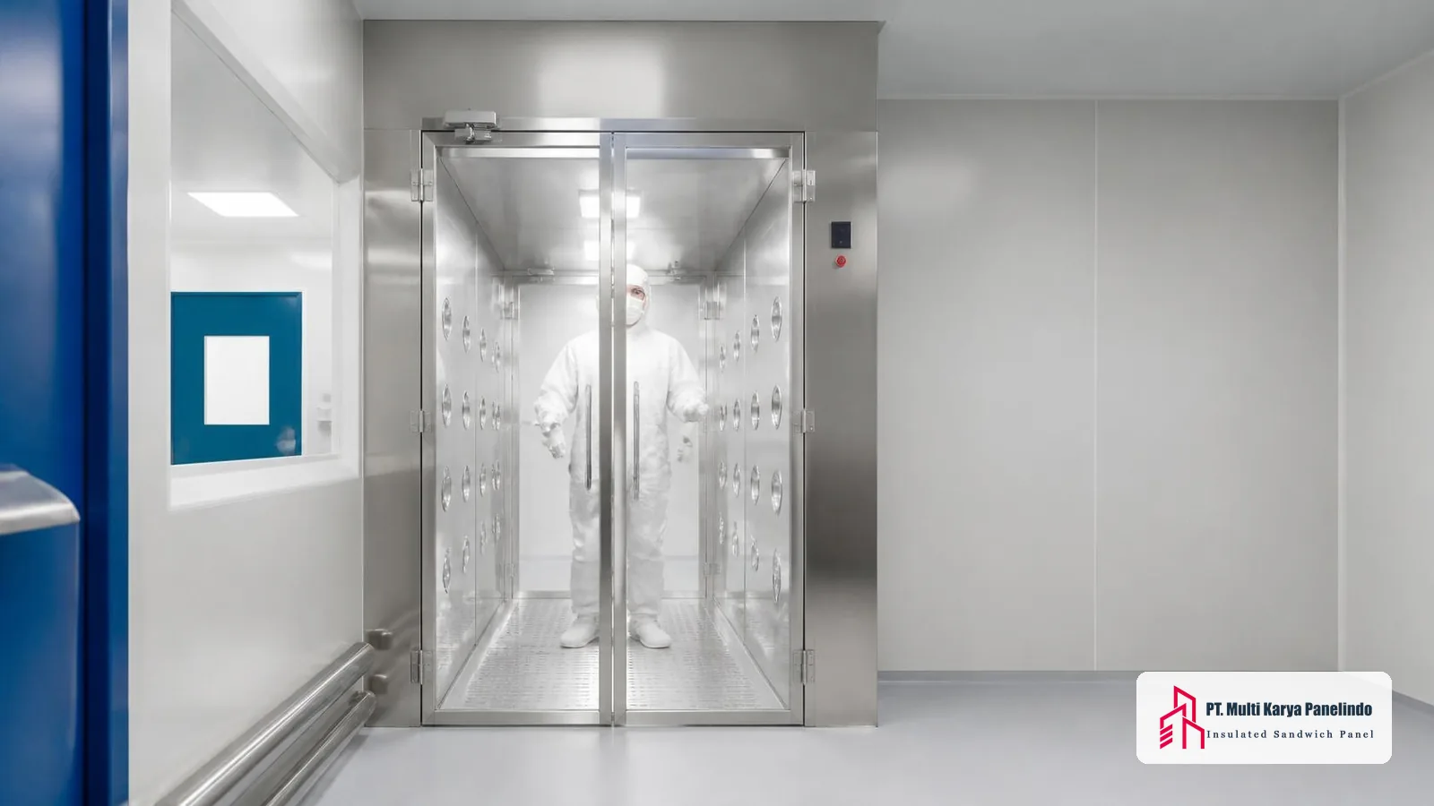Operator berpakaian clean room berdiri di dalam air shower stainless steel dengan nozzle udara di dinding