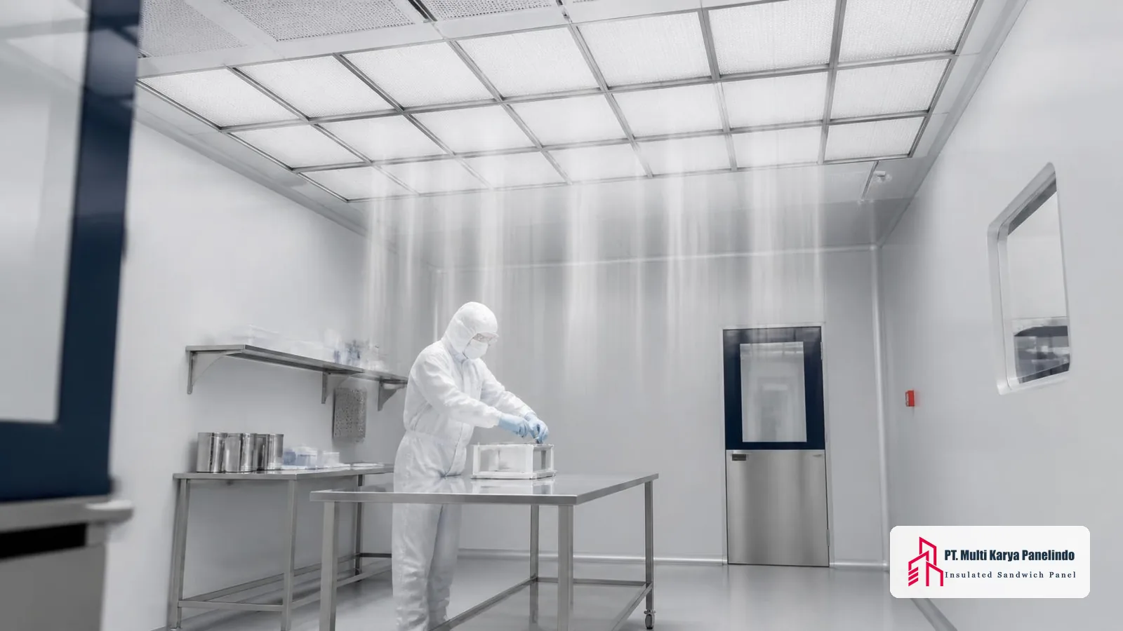Plafon clean room dengan deretan filter HEPA yang menghasilkan aliran udara laminar searah ke area kerja