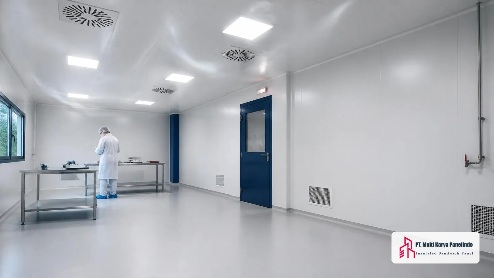Clean room dengan diffuser plafon dan return air grille bawah yang membentuk aliran udara turbulen