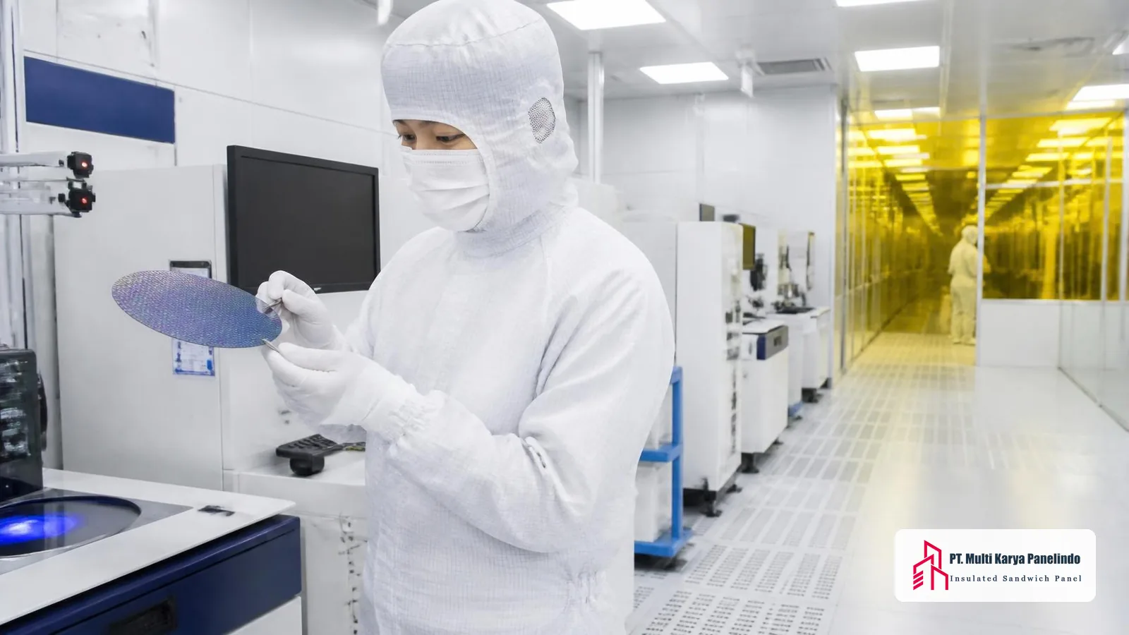 Operator berpakaian bunny suit memegang wafer di clean room industri elektronik dan semikonduktor