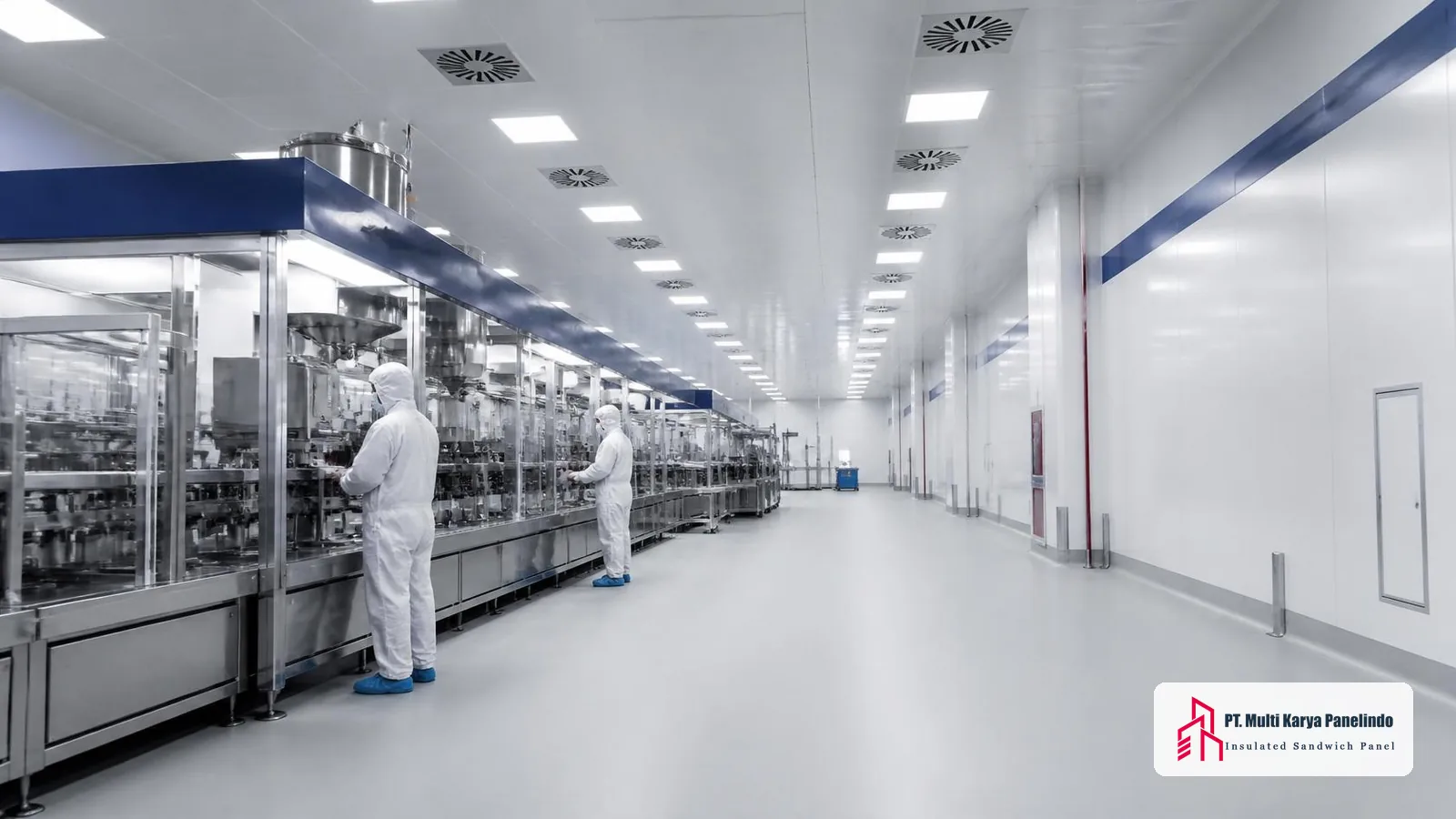 Area produksi pabrik di dalam clean room berdinding sandwich panel dengan operator berpakaian steril