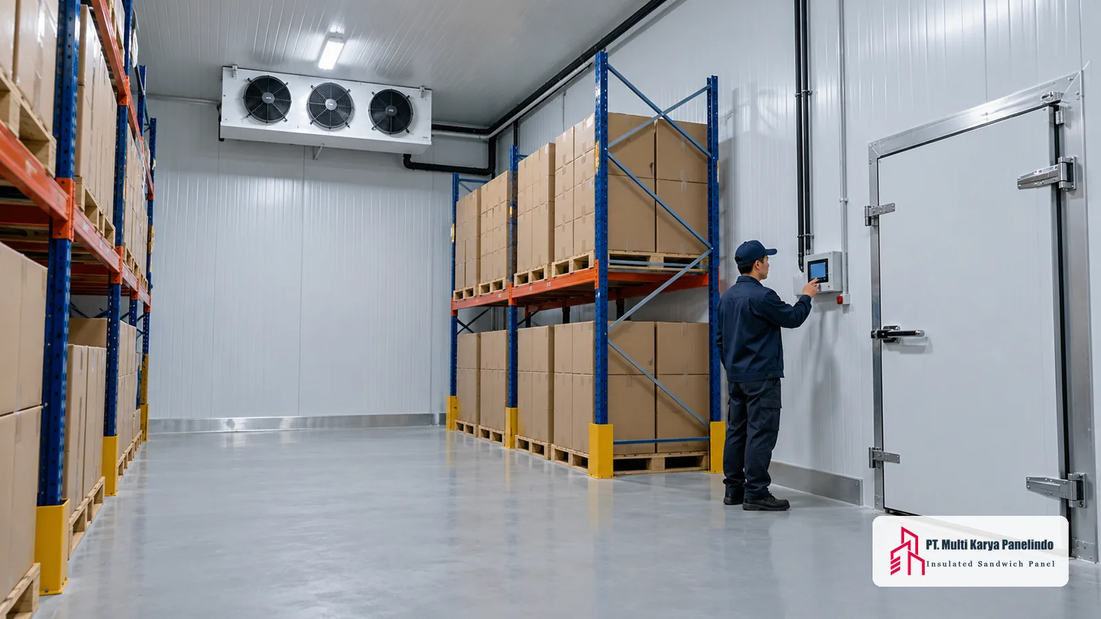 Interior cold storage berpanel insulasi dengan rak penyimpanan dan petugas memeriksa suhu ruang