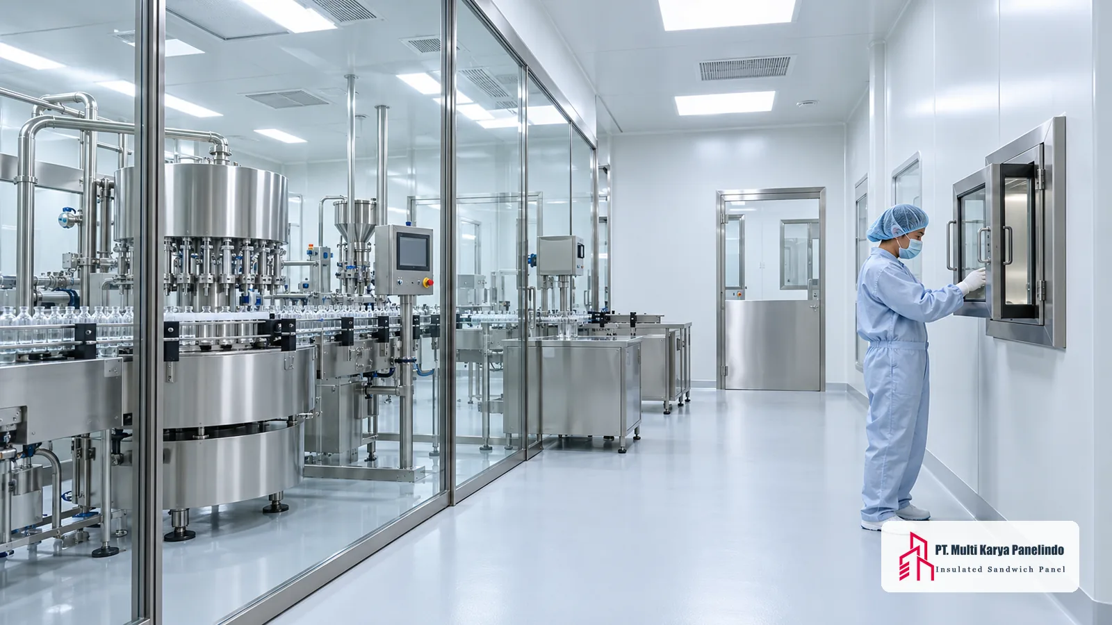 Ruang produksi obat dengan dinding panel bersambungan rapat dan peralatan stainless steel