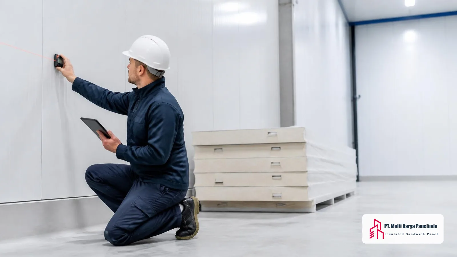 Estimator mengukur dinding panel clean room dengan meteran laser untuk menyusun estimasi biaya pemasangan