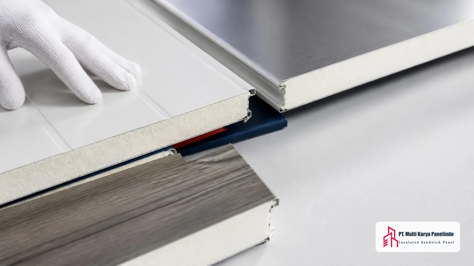 Sampel facing panel clean room dari baja berlapis dan stainless steel dengan inti insulasi terlihat