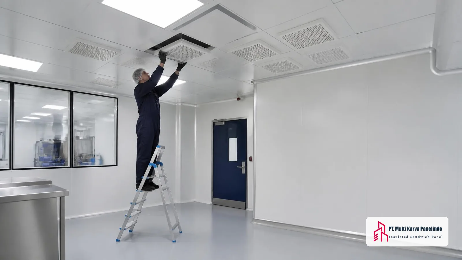 Teknisi memasang fan filter unit (FFU) dengan filter HEPA pada rangka plafon clean room