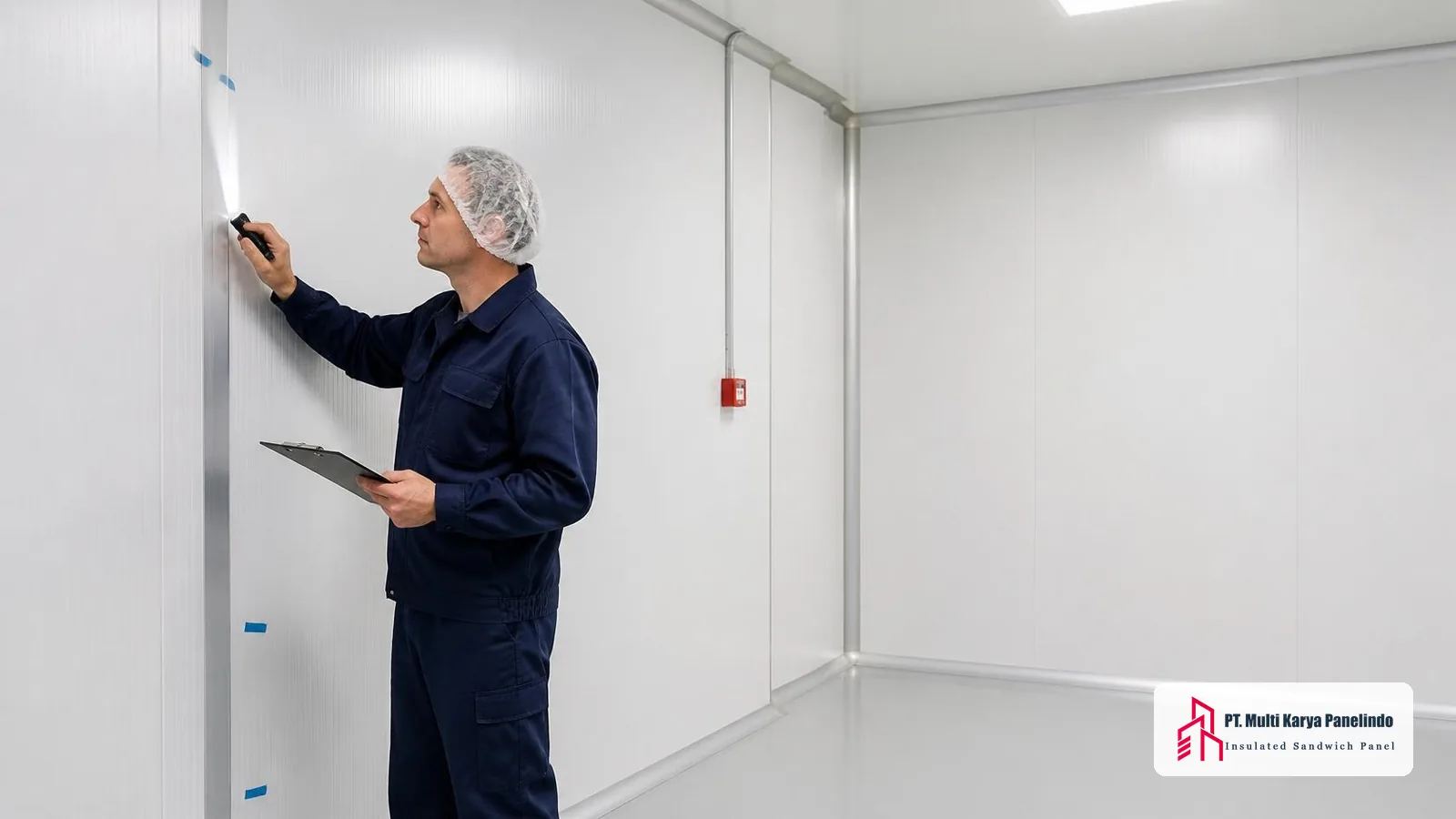Inspektor QA memeriksa kerataan dan sambungan panel clean room dengan senter dan checklist