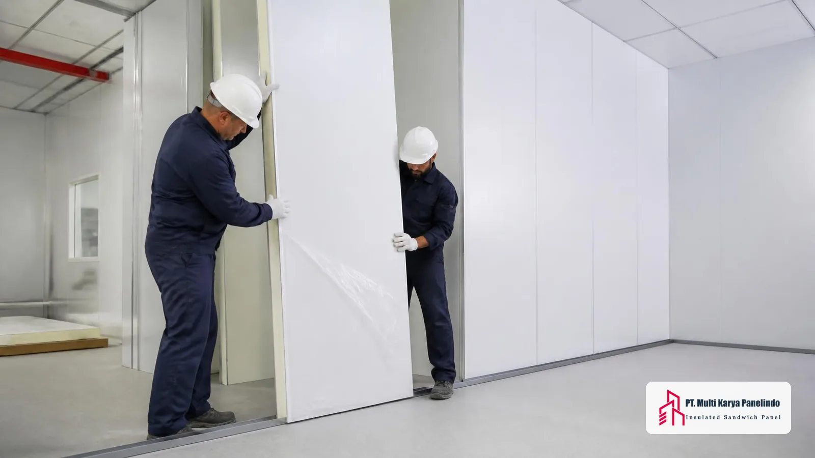 Dua teknisi memasang panel dinding clean room pada rel lantai aluminium saat proses instalasi