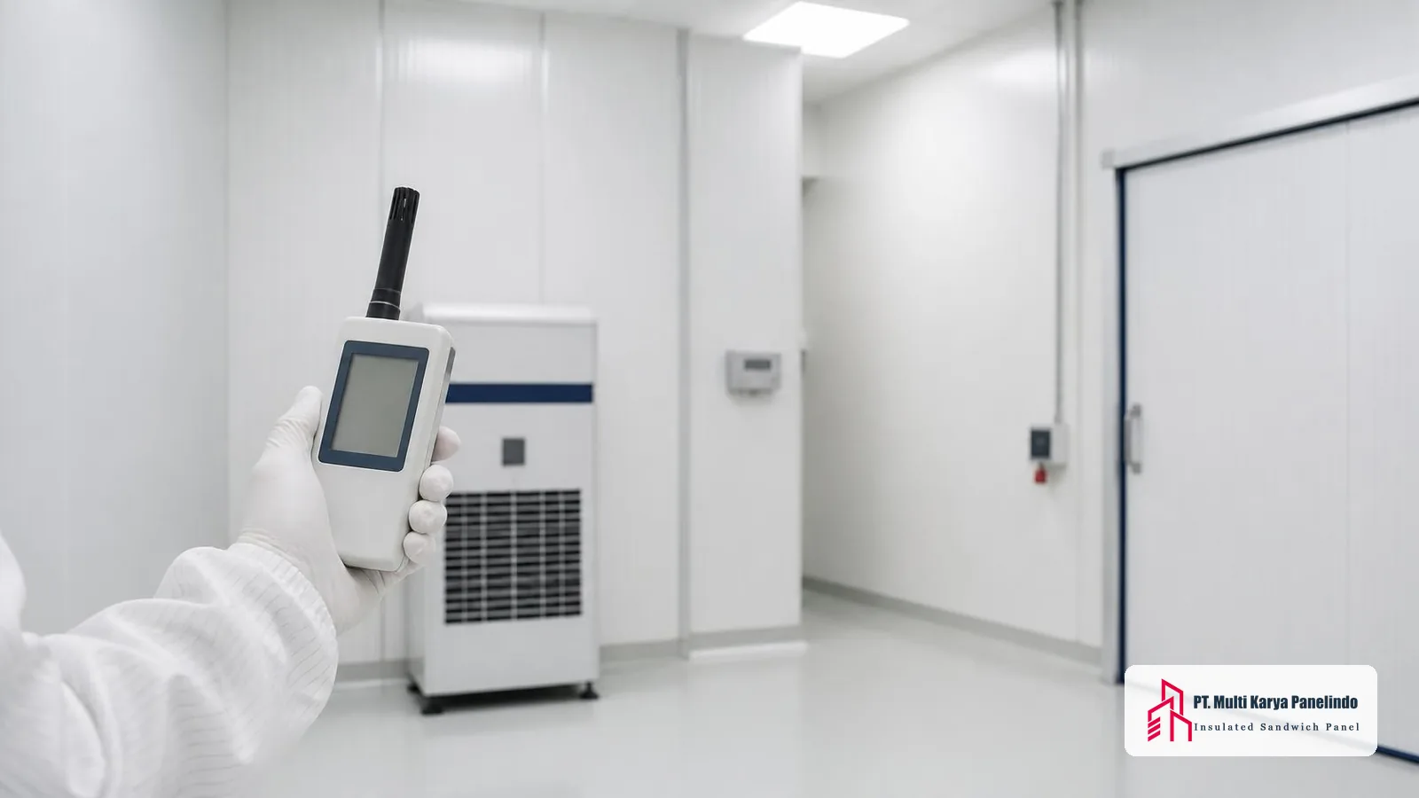 Teknisi mengukur kelembapan relatif clean room dengan hygrometer genggam