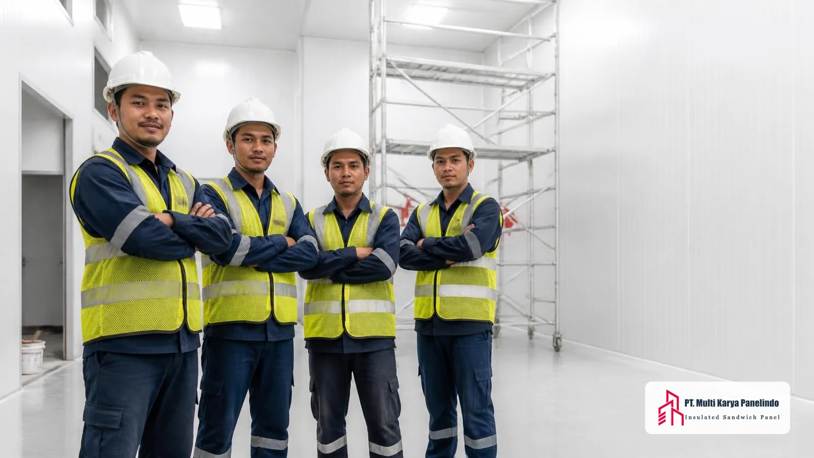 Tim kontraktor clean room berseragam dan ber-APD berdiri di proyek instalasi panel yang sedang berjalan