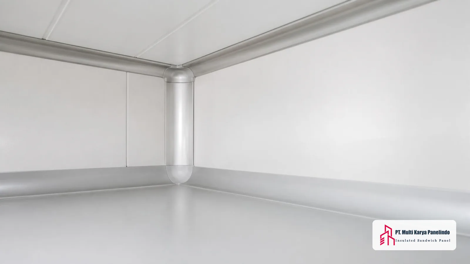 Detail profil junction aluminium dan sealant pada sudut pertemuan dinding dan plafon clean room