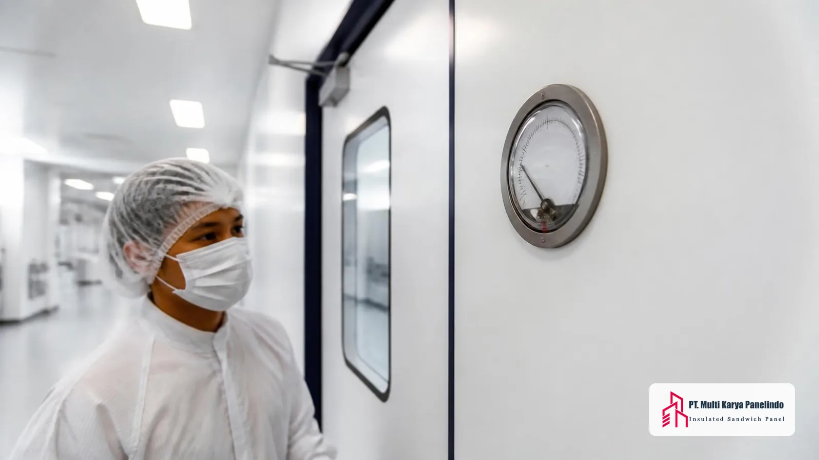 Magnehelic gauge terpasang di dinding panel clean room untuk memantau tekanan diferensial antar ruang