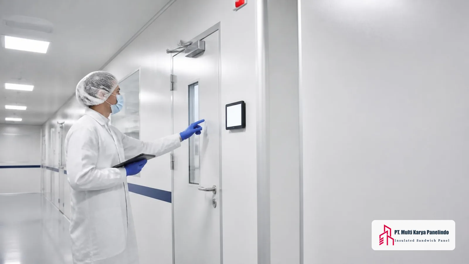 Teknisi memeriksa panel monitoring tekanan diferensial di koridor clean room