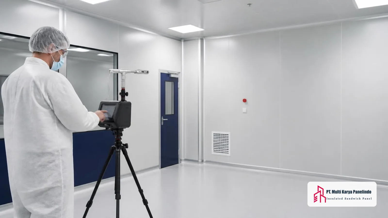 Teknisi mengoperasikan particle counter portabel untuk mengukur jumlah partikel udara di clean room