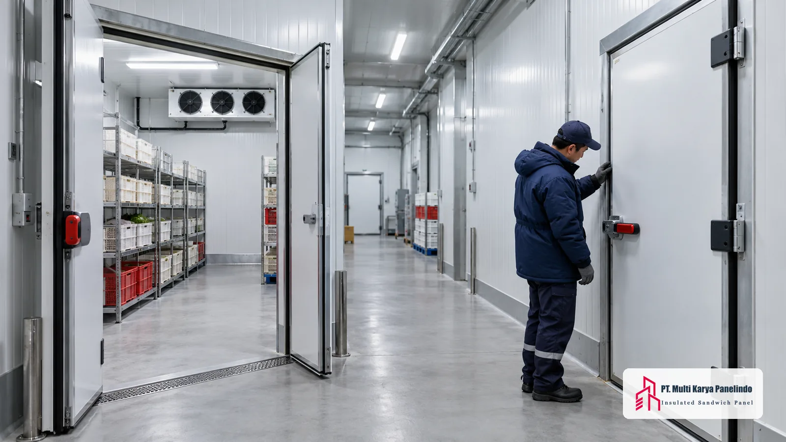 Dua ruang cold storage berpanel insulasi dengan koridor transisi dan petugas memeriksa pintu
