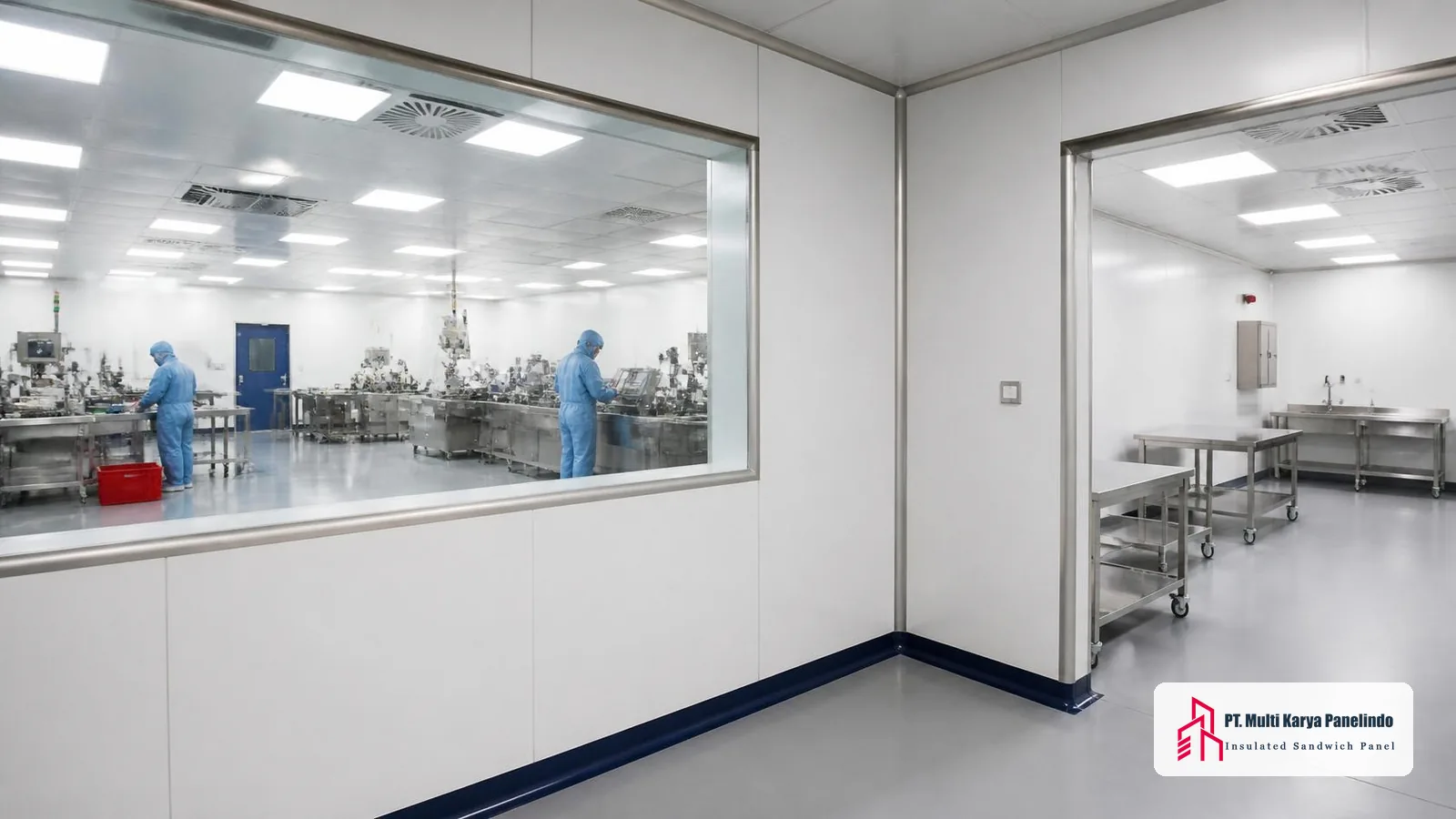 Perbandingan clean room industri dan ruang steril medis yang dipisahkan dinding panel berjendela