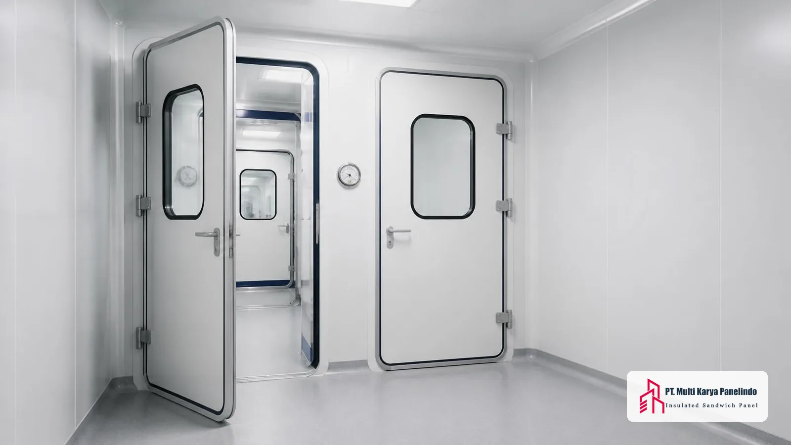 Airlock clean room dengan dua pintu berurutan yang menjaga perbedaan tekanan antar ruang
