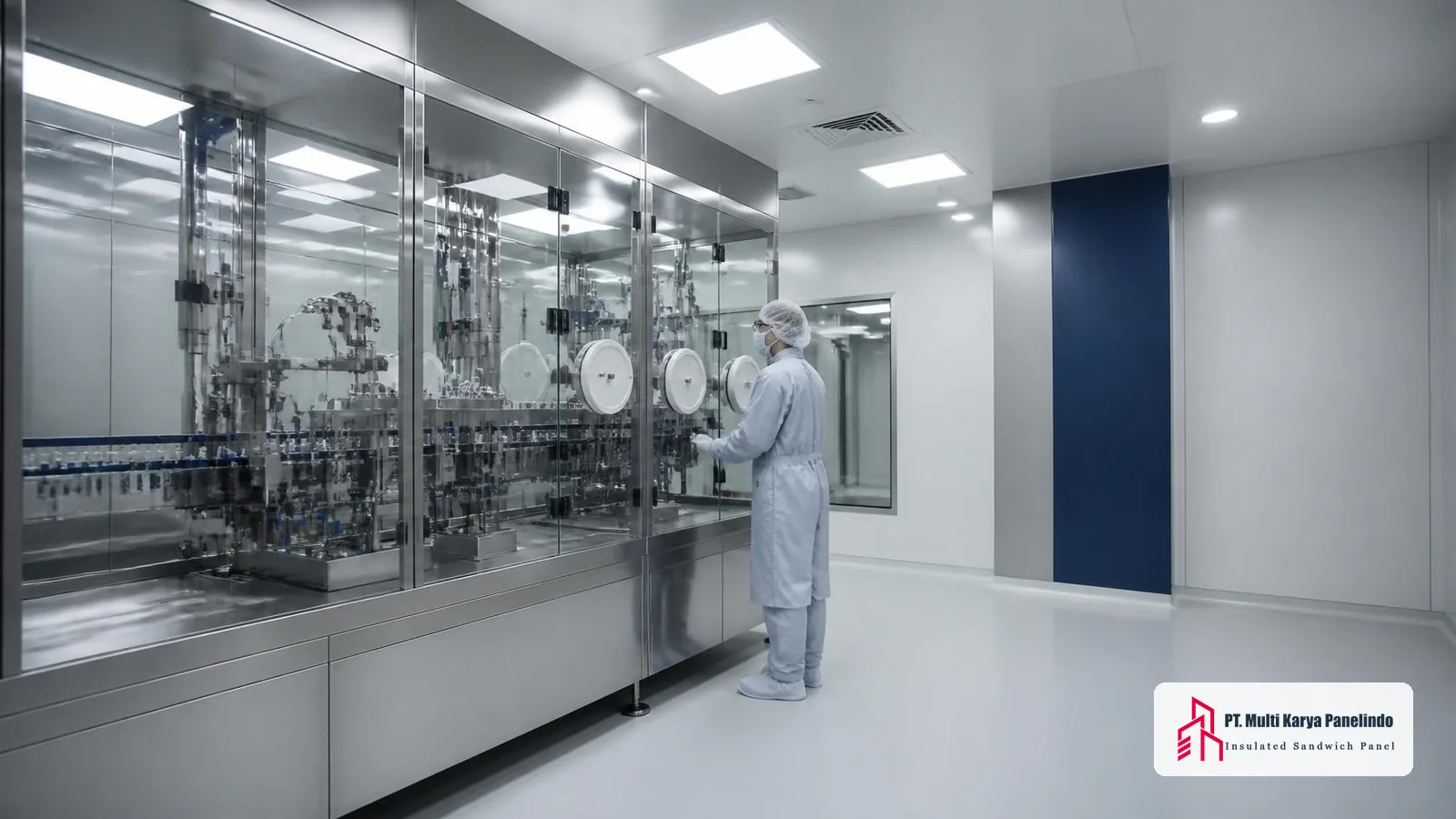 Ruang produksi clean room farmasi dengan operator bergaun steril di depan mesin pengisian