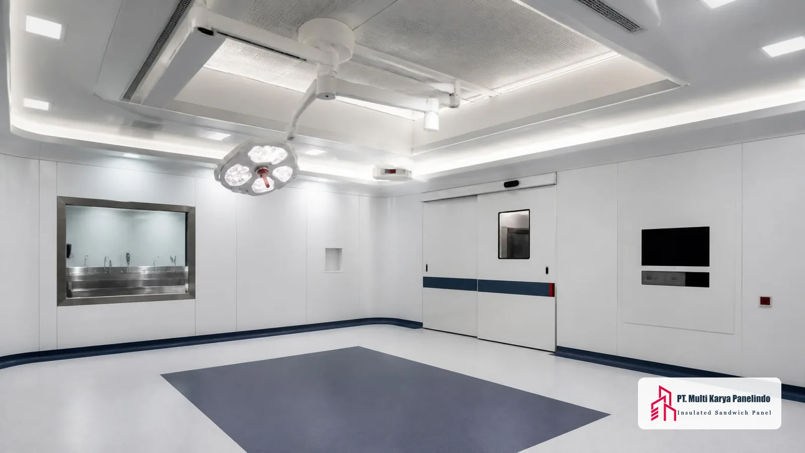 Kamar operasi rumah sakit dengan dinding panel clean room, plafon laminar, dan pintu hermetik