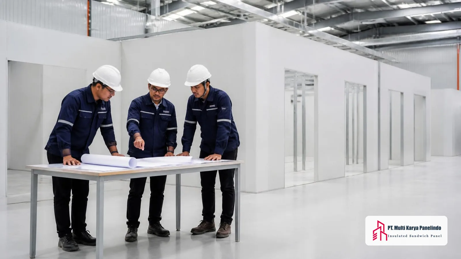 Tim engineer membahas gambar denah sebelum membangun clean room di area proyek