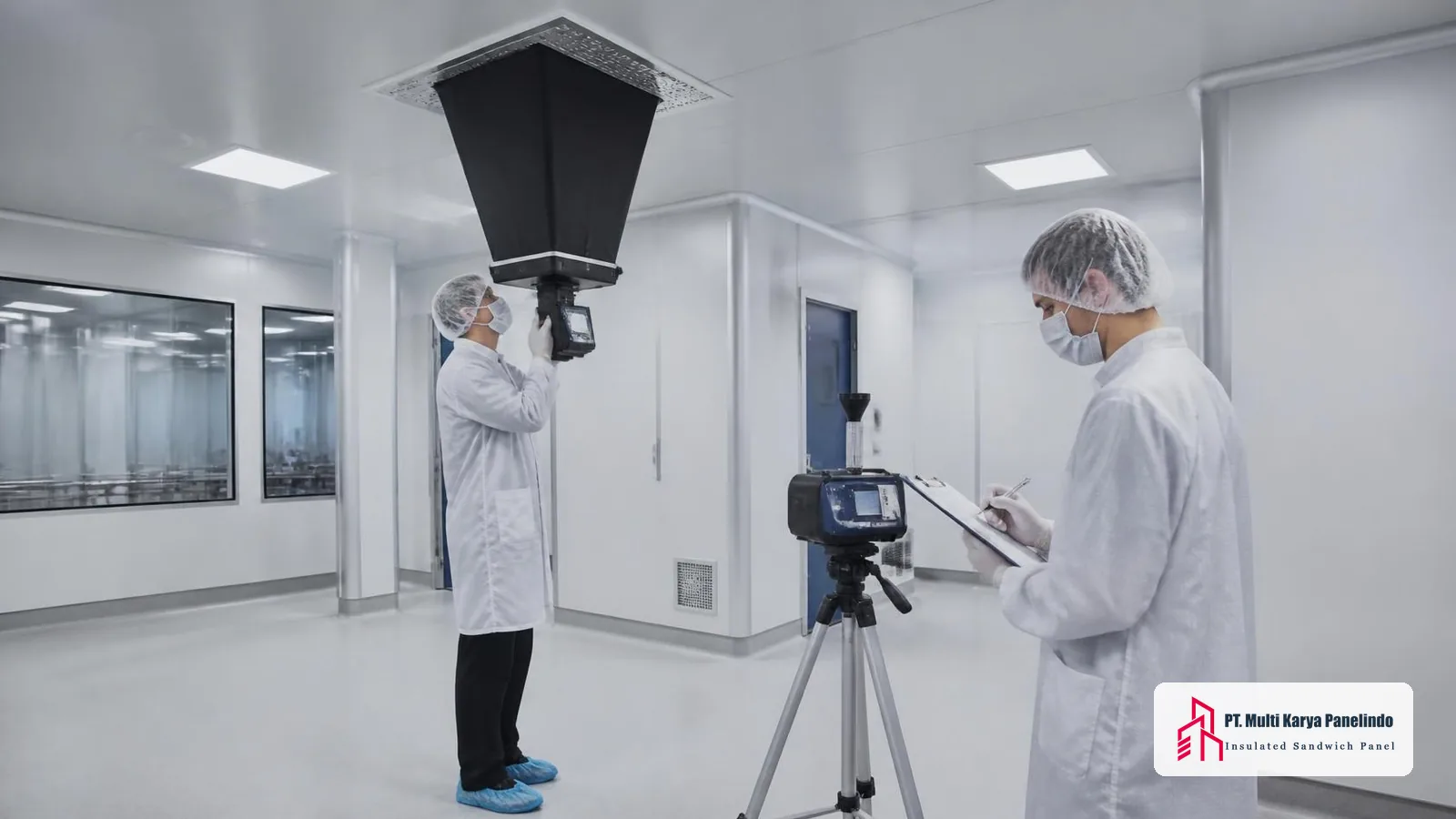 Tim validasi melakukan pengujian sertifikasi clean room dengan particle counter dan alat ukur aliran udara