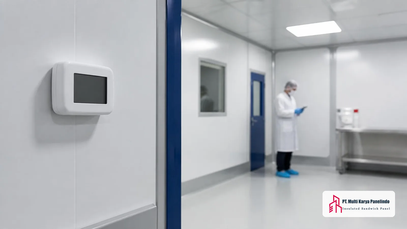 Sensor suhu terpasang di dinding clean room dengan teknisi memeriksa kondisi ruang