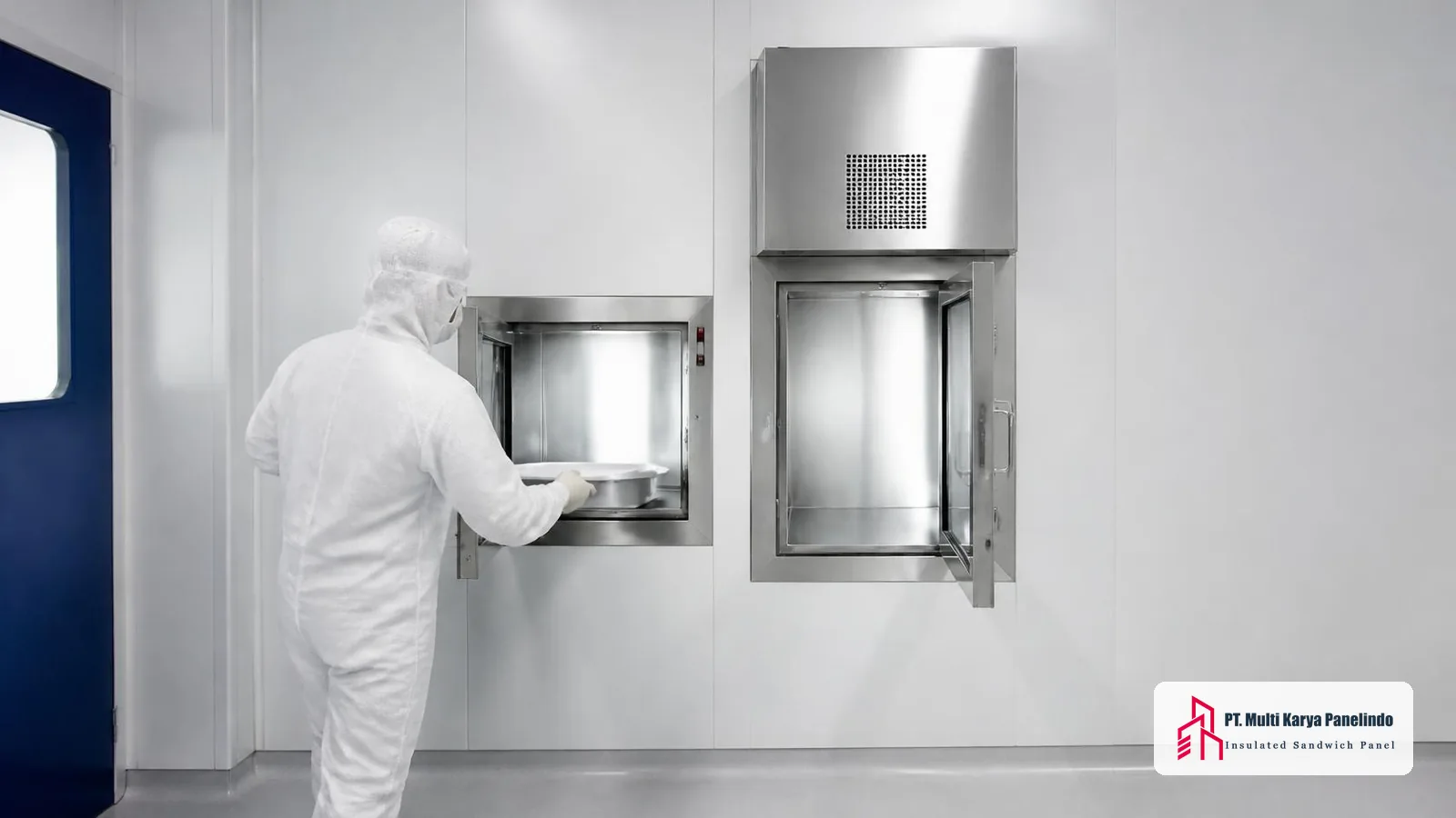 Dua pass box stainless steel terpasang di dinding clean room: tipe static dan dynamic dengan filter HEPA