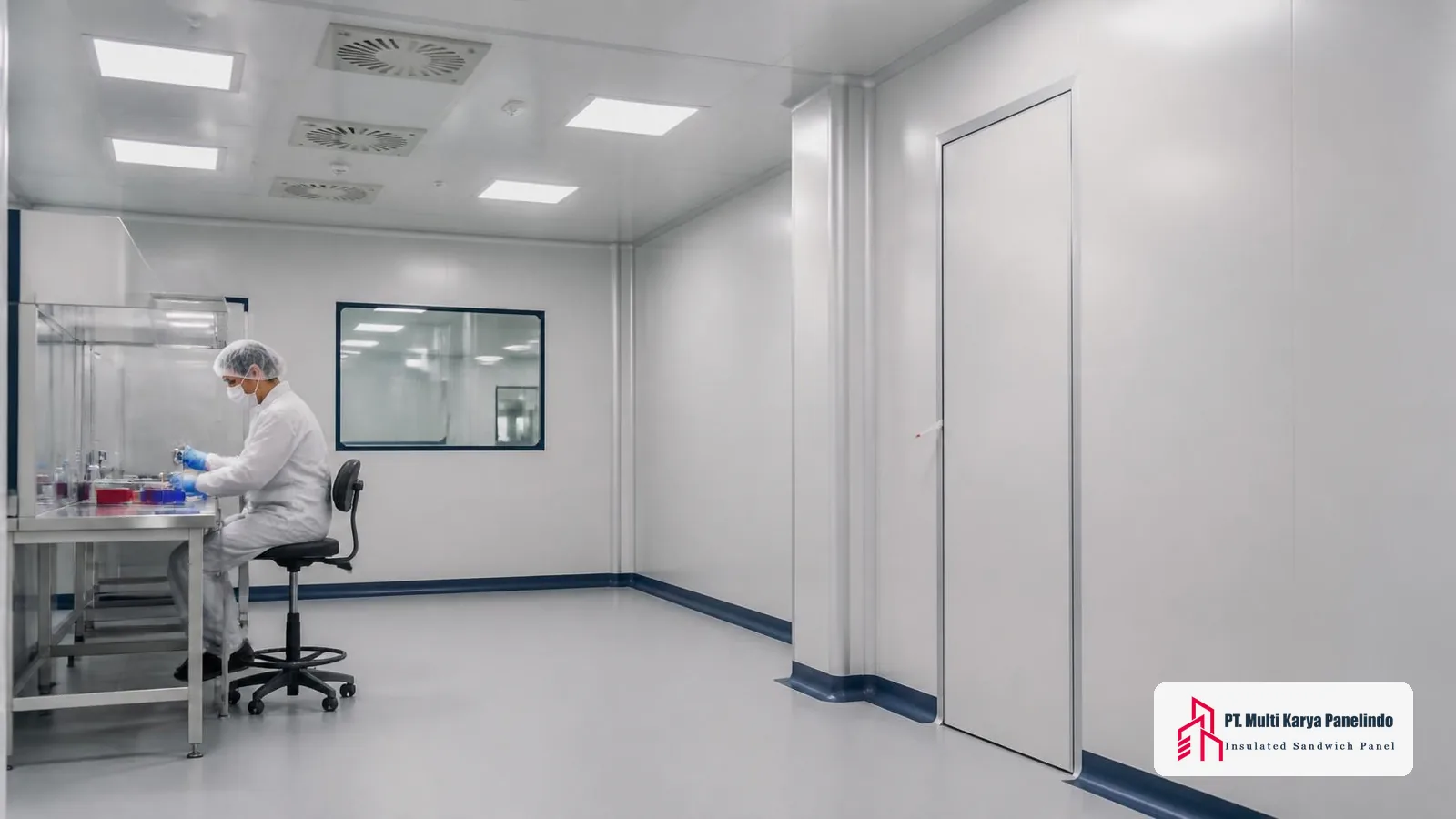 Clean room bertekanan positif dengan suplai udara dari filter HEPA plafon dan pintu tertutup rapat