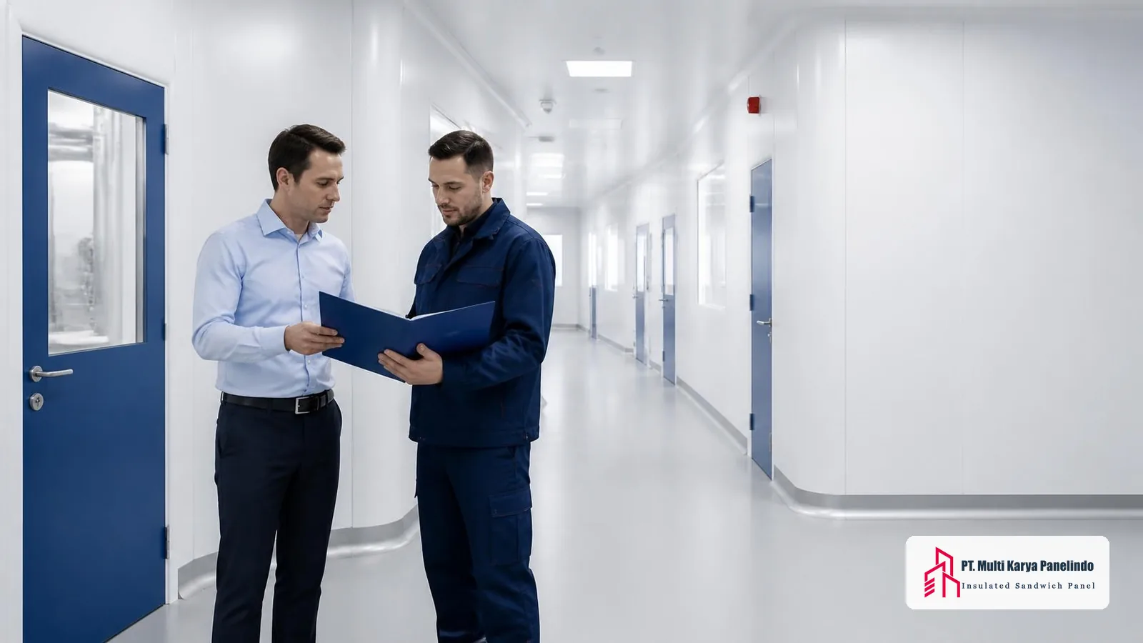Pemilik proyek dan vendor kontraktor clean room berdiskusi sambil meninjau hasil pekerjaan panel
