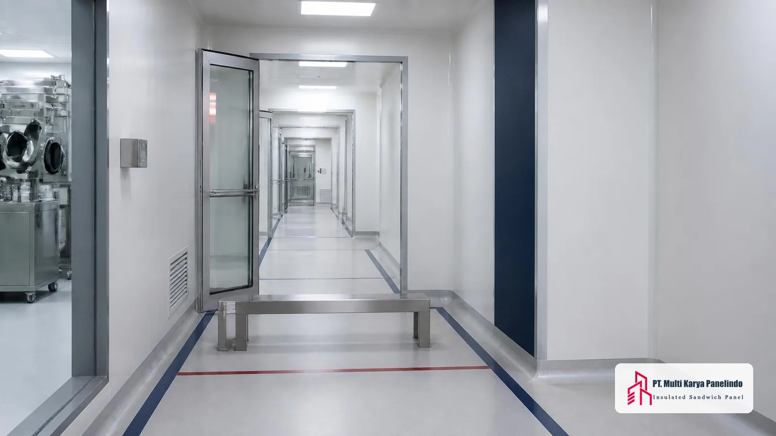 Koridor clean room dengan pembagian zona bersih yang dipisahkan pintu dan garis demarkasi lantai